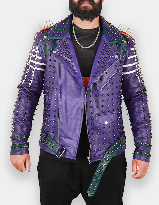 Men's Purple & Green Studded Leather Jacket with Patches
Brando Style | Belted Collar Waist | Stylish Motorbike Jacket
